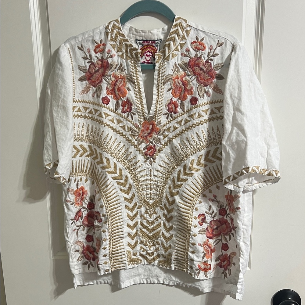 Johnny Was Rianne top medium white floral linen embossed - Picture 4 of 9
